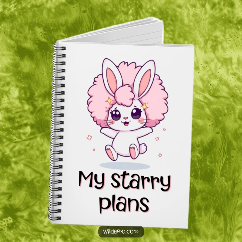 Funny Notebook with a cute, bouncing bunny character's huge afro and wide, star-filled eyes, ideal for jotting down cosmic thoughts.
