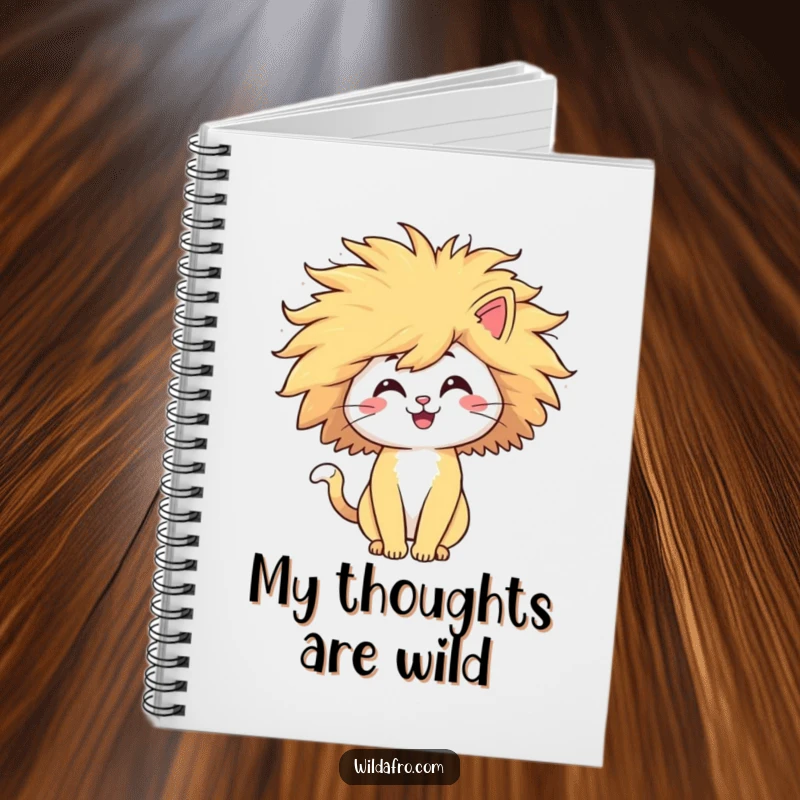 Funny cat notebook with a happy character sporting a giant, windblown afro, ready for notes and doodles. A delightful journal for cat enthusiasts.