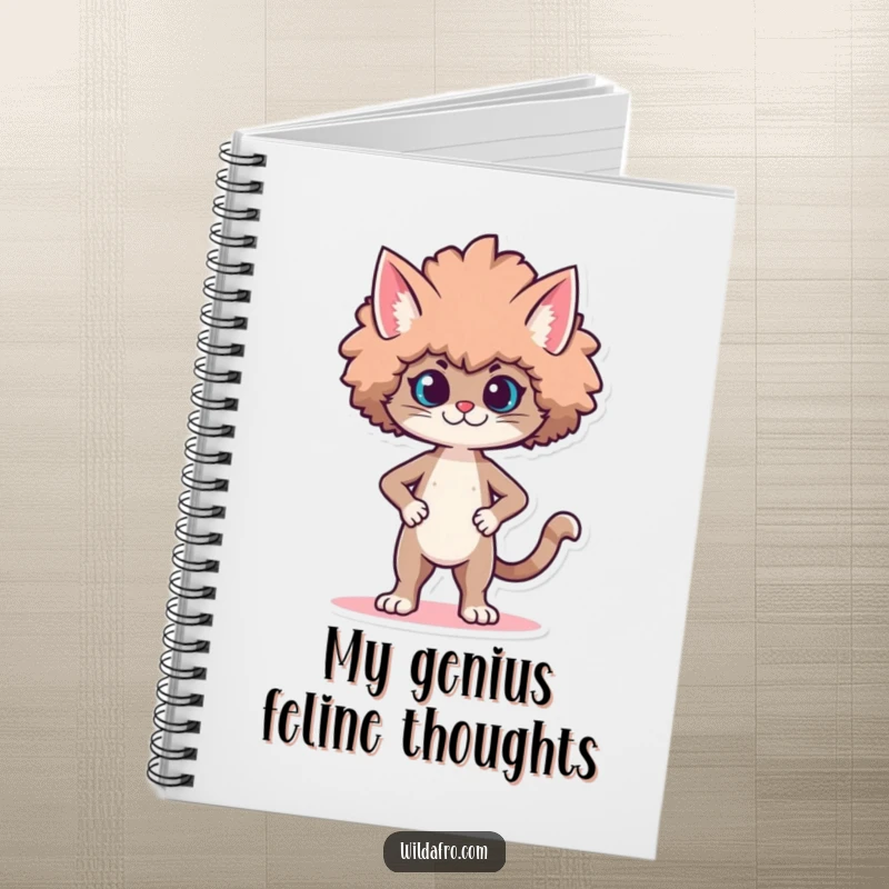 Funny notebook with a proud cat character strutting with a voluminous, stylized afro. Ideal funny gift.