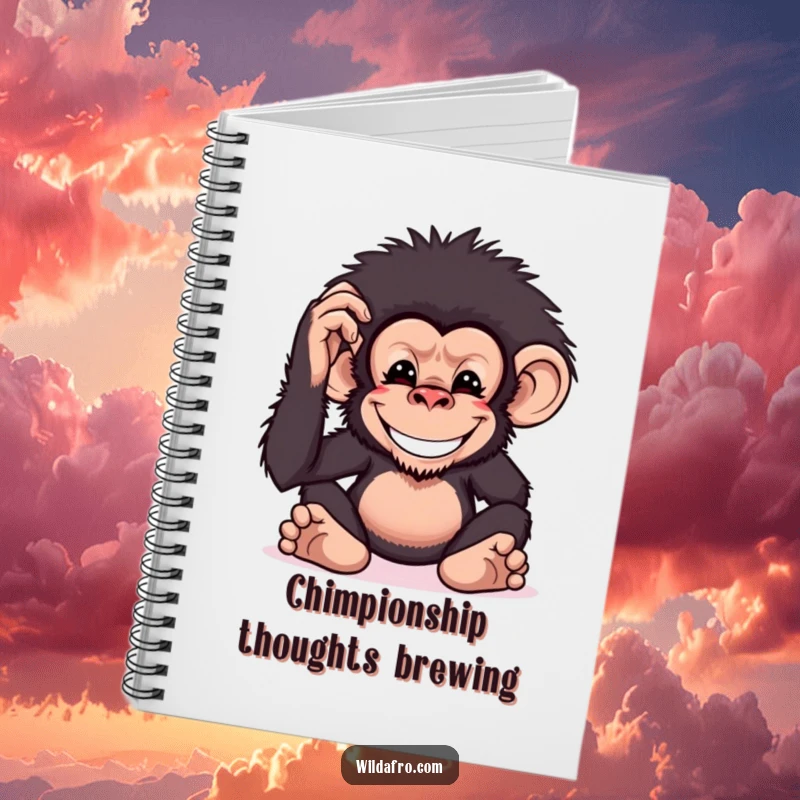 Funny chimpanzee notebook with a grinning monkey character patting its large, bushy afro, great for notes and ideas.