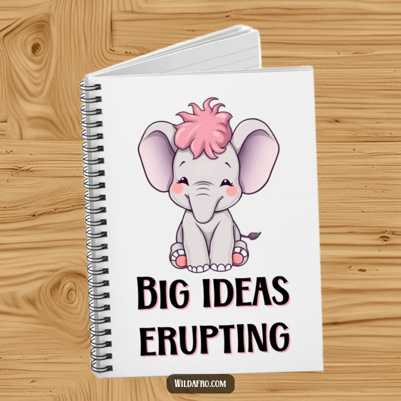Funny baby elephant with a small afro happily trumpeting, gracing the cover of a humorous and practical notebook.