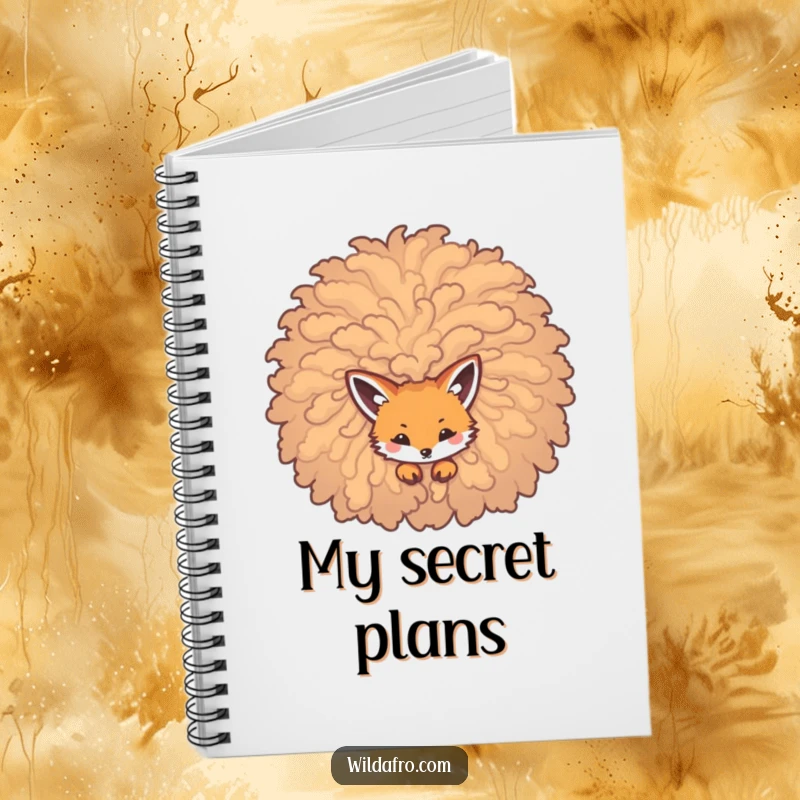 Funny notebook cover with a sly fox peeking from a huge, curly afro, perfect for jotting down clever ideas.