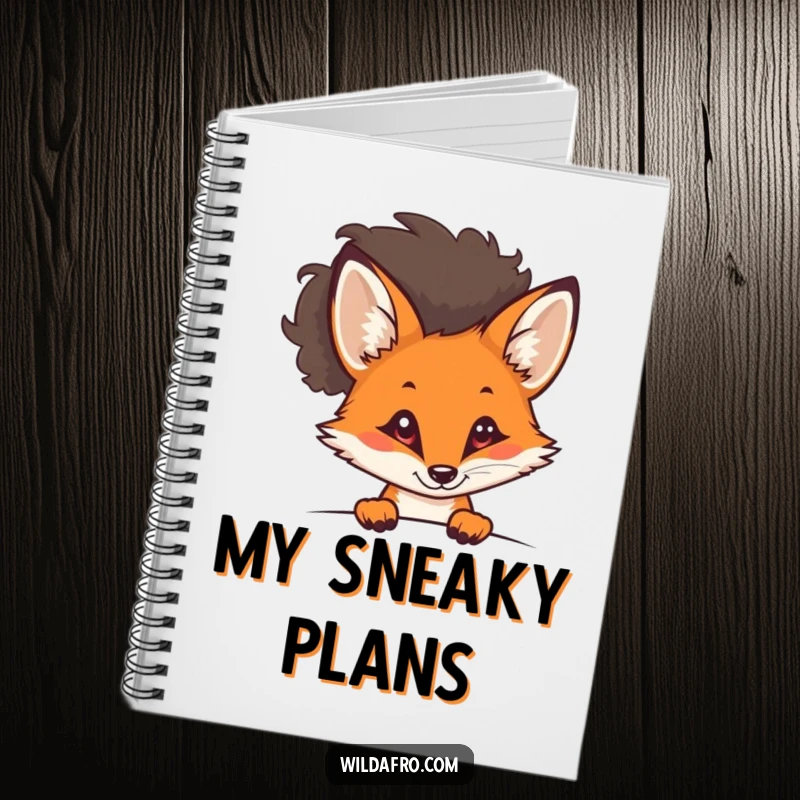 Funny curious fox with a stylish afro peeking out on a notebook, exuding mystery and cool, a stylish funny gift.