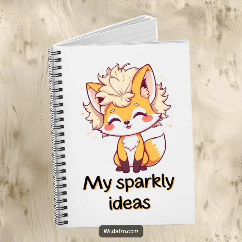 Funny Notebook with a cheerful fox character's huge afro shedding shimmering glitter, ideal for jotting down sparkling ideas.