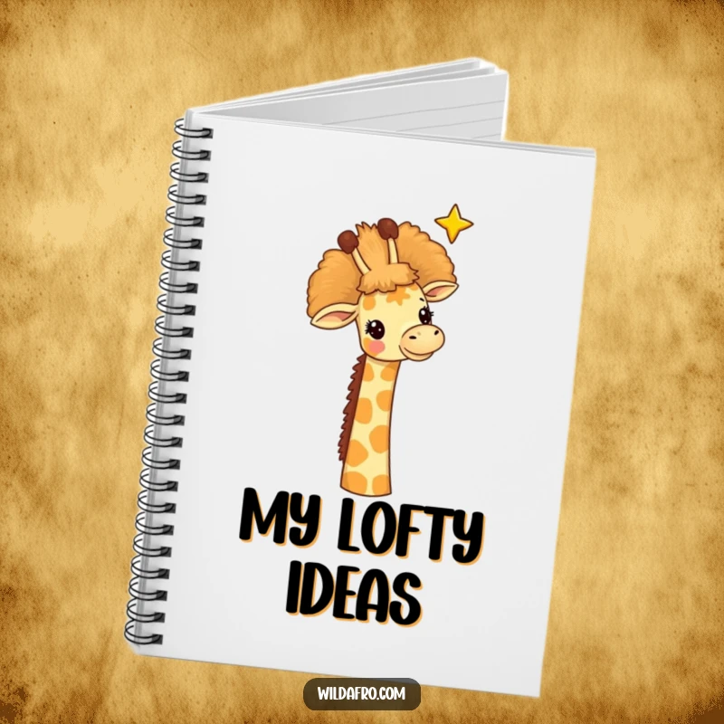Funny giraffe notebook, a cheerful giraffe with a tall afro reaching for a star, perfect for jotting down big dreams.