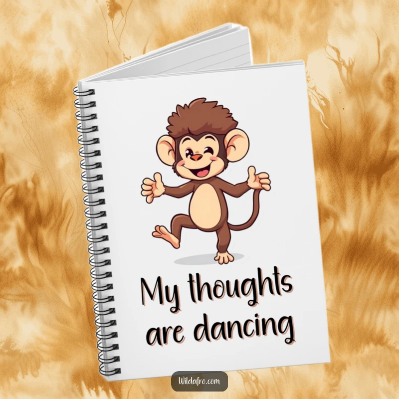 Funny monkey notebook with an energetic monkey character with an afro doing a playful dance, perfect for jotting down ideas.