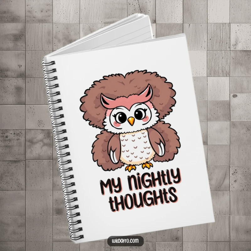 Funny Owl Afro Notebook: A playful owl character rests atop a voluminous, fluffy afro, ready to write.