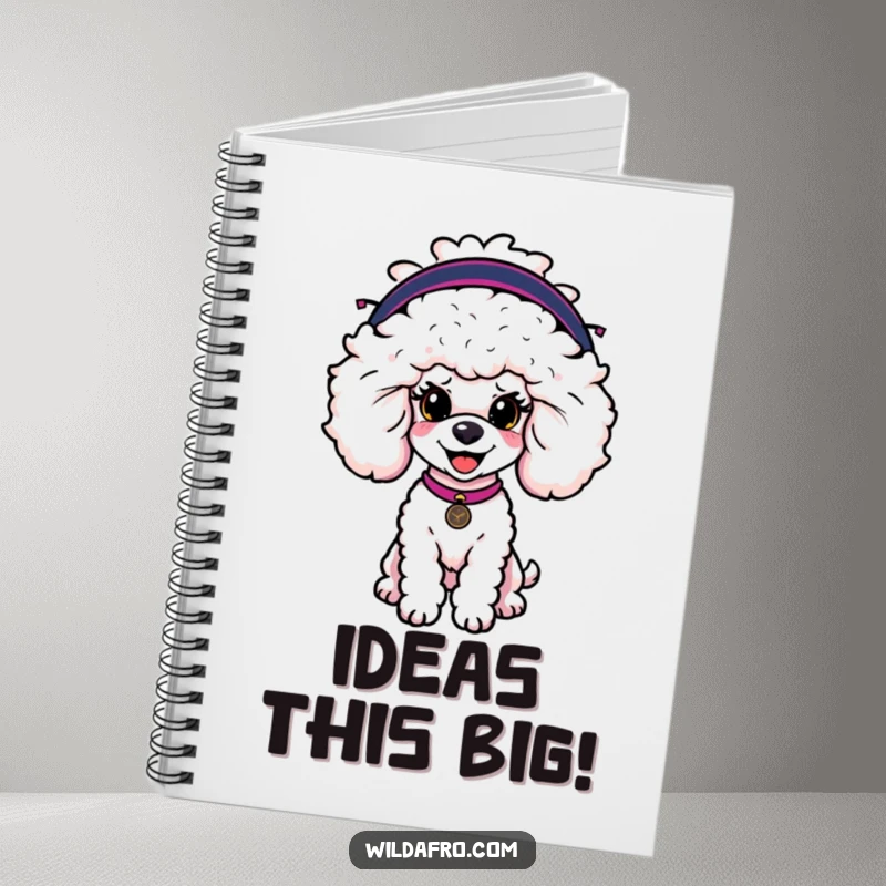Funny poodle notebook with a cheerful dog wearing a large, stylish afro wig, perfect for journaling or note-taking.