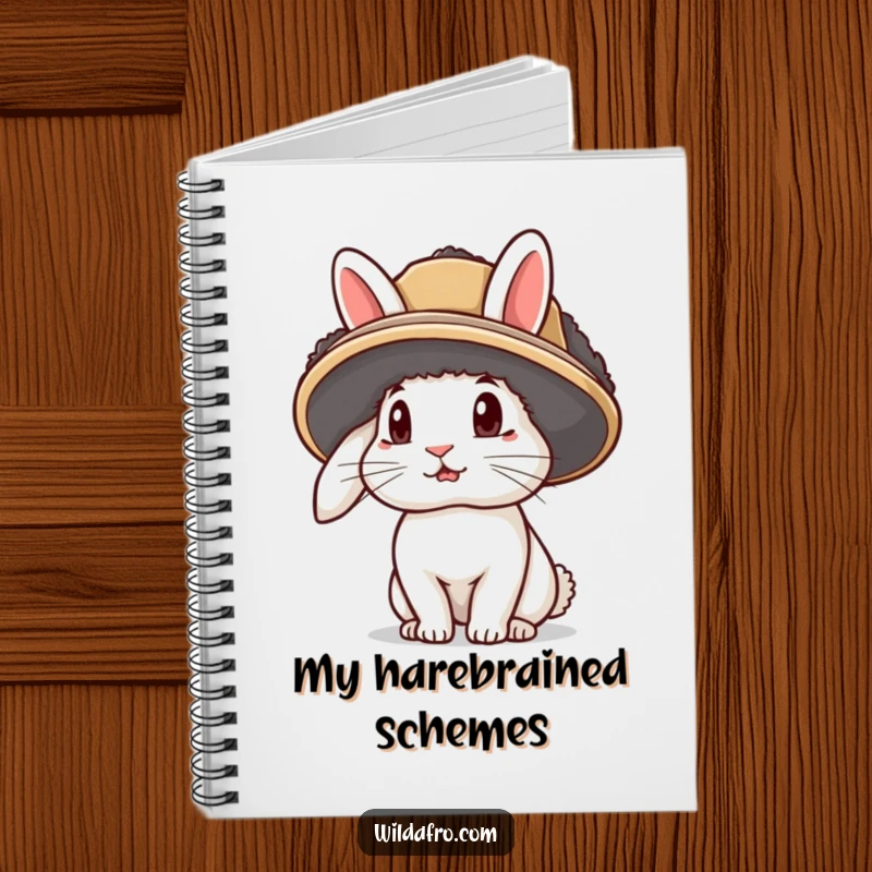 Funny rabbit notebook with a curious bunny character wearing an afro hat, ears sticking out, great for notes.