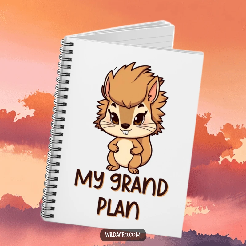 Funny squirrel notebook featuring a determined character with a stylish, bushy afro. A delightful journal for lovers of motivated and charming designs.