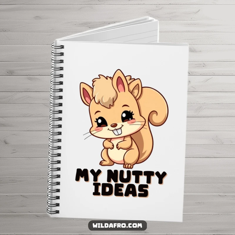 Funny notebook cover with a mischievous squirrel wiggling its afro, sporting a wide, confident grin, ready for notes.