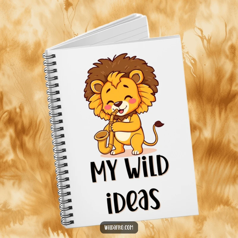 Funny Lion Saxophone Afro Notebook with a cheerful lion playing a saxophone and wearing a prominent afro, great for notes and inspiration.