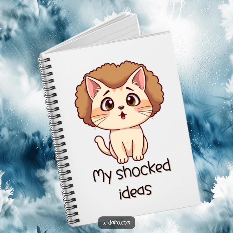 Funny Cat Afro Notebook with a surprised cat wearing an afro wig and looking shocked, great for notes and inspiration.