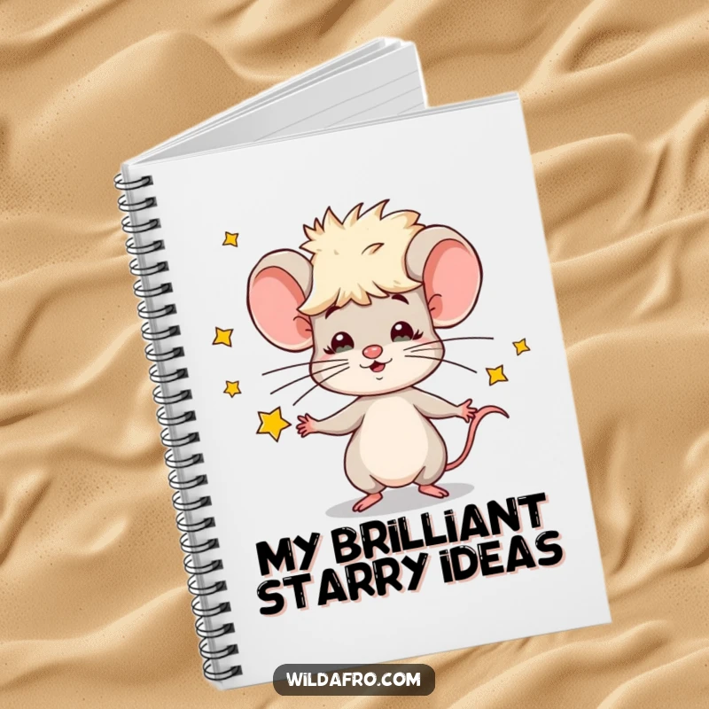 Funny notebook showcasing a cool mouse with an afro, juggling small stars, ideal for capturing cosmic thoughts and creative notes.