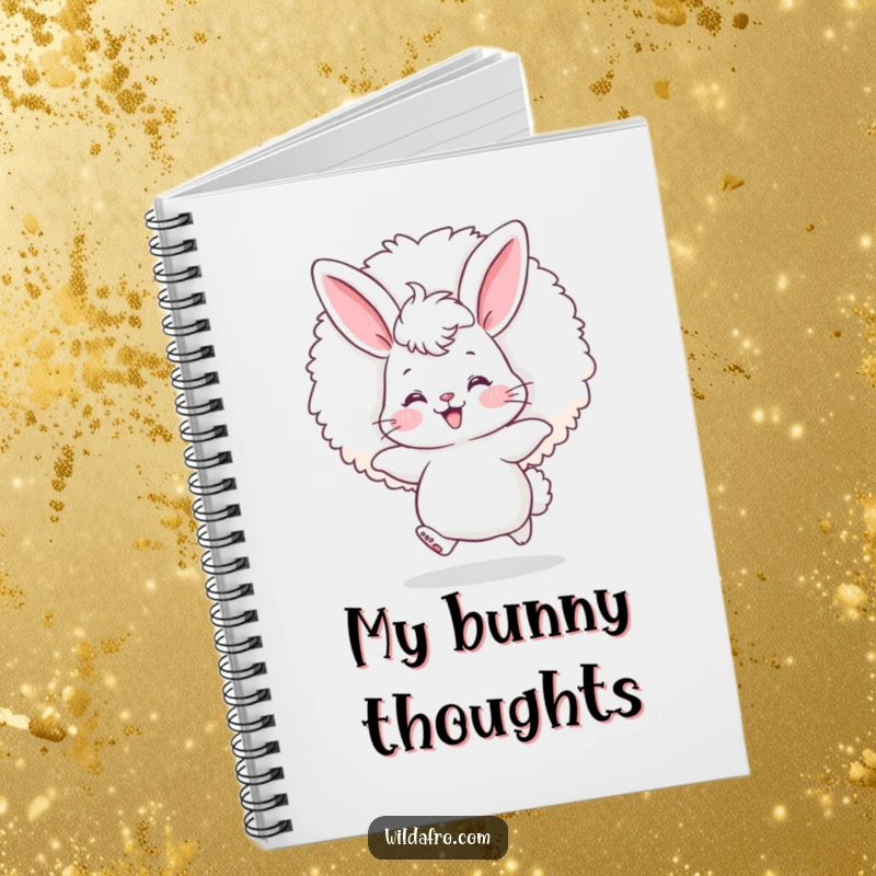 Funny bunny afro notebook cover with a fluffy bunny, rosy cheeks, happily bouncing with a giant afro puff.