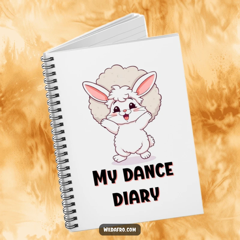Funny bunny notebook, fluffy with a large afro, dancing with enthusiasm, ideal for jotting down creative ideas. A superb funny gift.