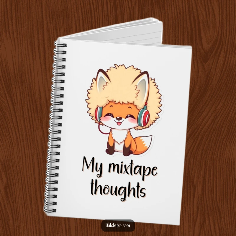 Funny Afro Fox DJ Notebook featuring a cheerful fox with a large afro and tiny headphones, designed for musical note-taking.