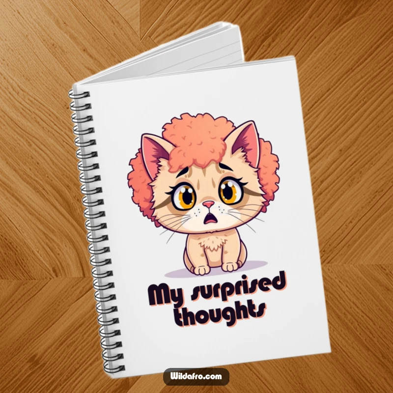 Funny surprised cat with a vibrant afro on a notebook cover. A wild and funny gift.
