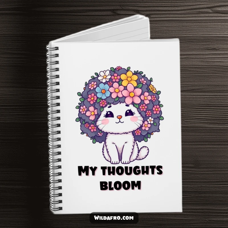 Funny Notebook featuring a fluffy cat character whose giant curly afro is a floral garden, perfect for jotting down blooming ideas.
