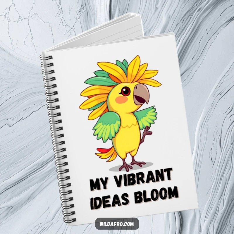 Funny notebook with a dancing parrot character flaunting a vibrant, feathered afro. Ideal funny gift.