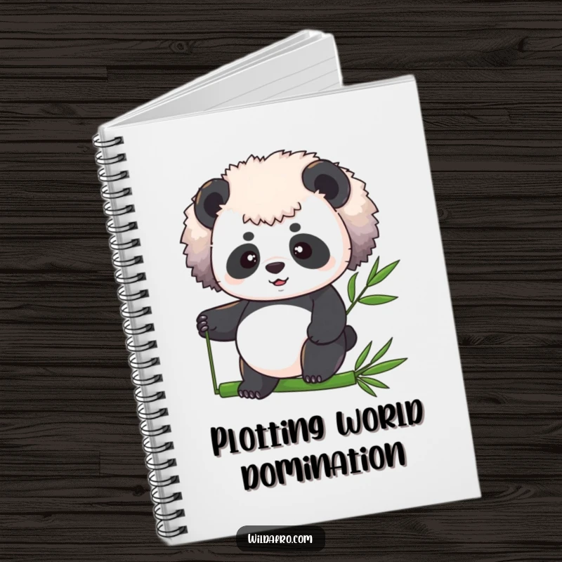 Funny panda with a stylish afro balancing on a bamboo stalk, gracing the cover of a humorous notebook.