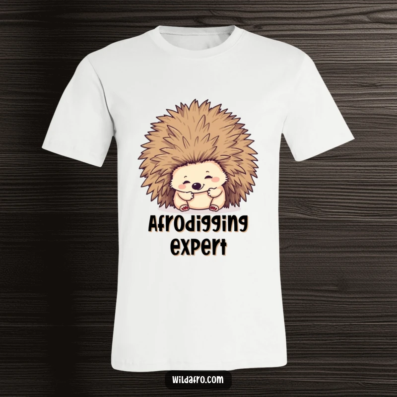Funny curious hedgehog enthusiastically digging into a giant, fluffy afro hairstyle on a comfortable t-shirt.