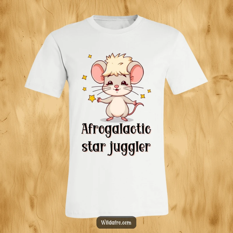 Funny t-shirt depicting a cool mouse with a large afro, skillfully juggling miniature, sparkling stars, radiating pure joy and mischief.