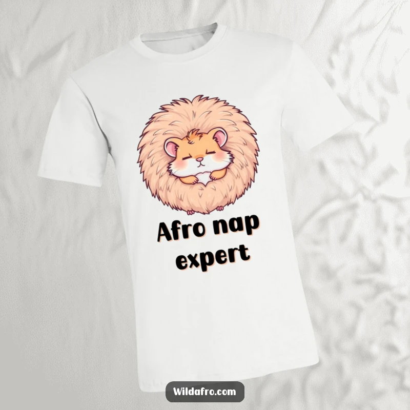 Funny hamster snoozing in a voluminous afro, printed on a t-shirt, showcasing quirky humor and comfort, a funny gift.