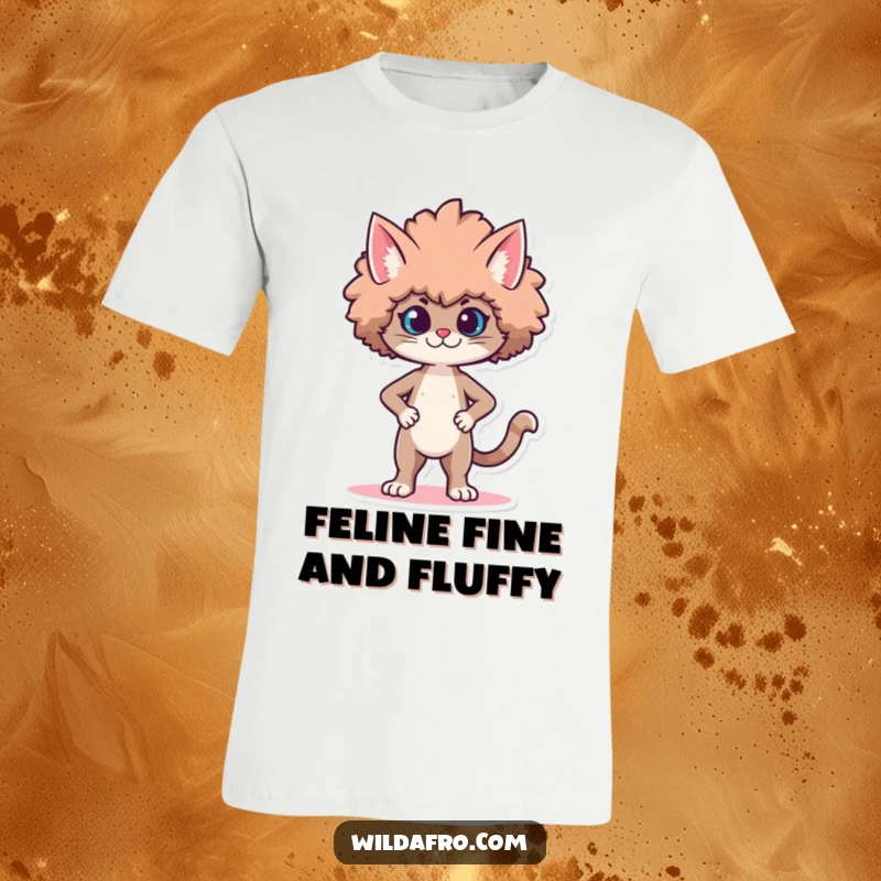 Funny t-shirt with a proud cat character strutting elegantly, sporting a voluminous, stylized afro. Perfect funny gift.
