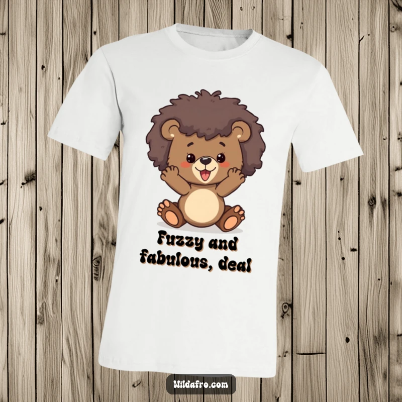 Funny bear cub with a massive, wild afro striking a confident pose on a t-shirt, showcasing playful energy.