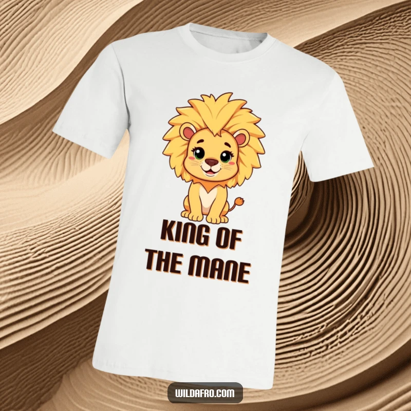 Funny t-shirt featuring a cheerful lion with a large, playful afro mane, symbolizing boldness and humorous style.