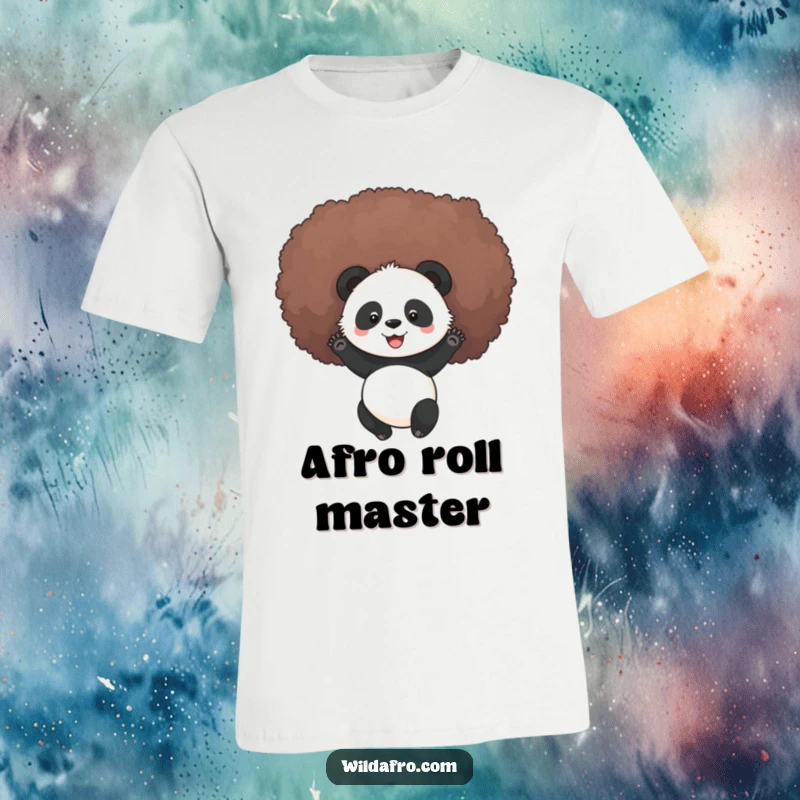 Funny panda joyfully rolling around in a voluminous afro, printed on a t-shirt, showcasing vibrant humor, a funny gift.