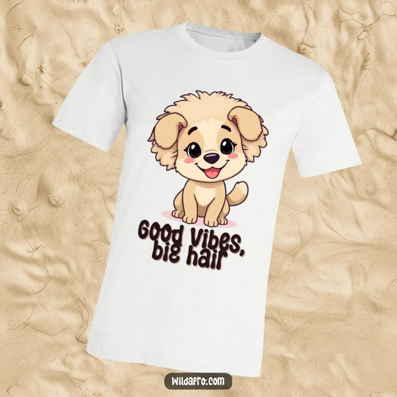 Funny dog with a big, bouncy afro and a wagging tail depicted on a cheerful graphic t-shirt.