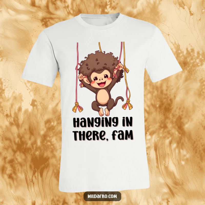 Funny monkey sporting a cool afro, dynamically swinging from playful yarn strands on a comfortable, humorous t-shirt.