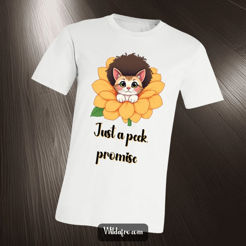 Funny cat with a stylish afro peeking from a giant flower, featured on a comfortable and humorous t-shirt.
