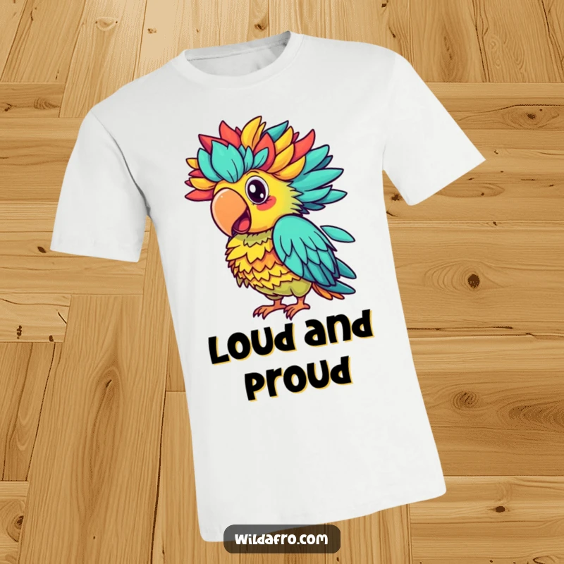 Funny parrot t-shirt, a proud parrot with a vibrant afro squawking with colorful expression, full of life.