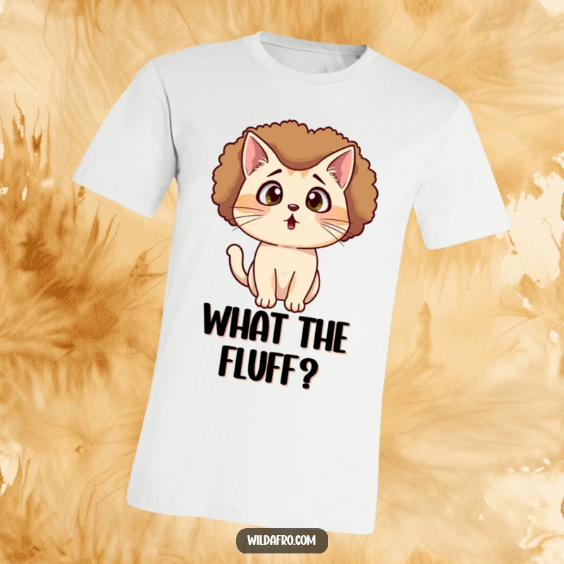 Funny Cat Afro T-Shirt of a surprised cat wearing a voluminous afro wig, looking shocked, perfect for cat enthusiasts.