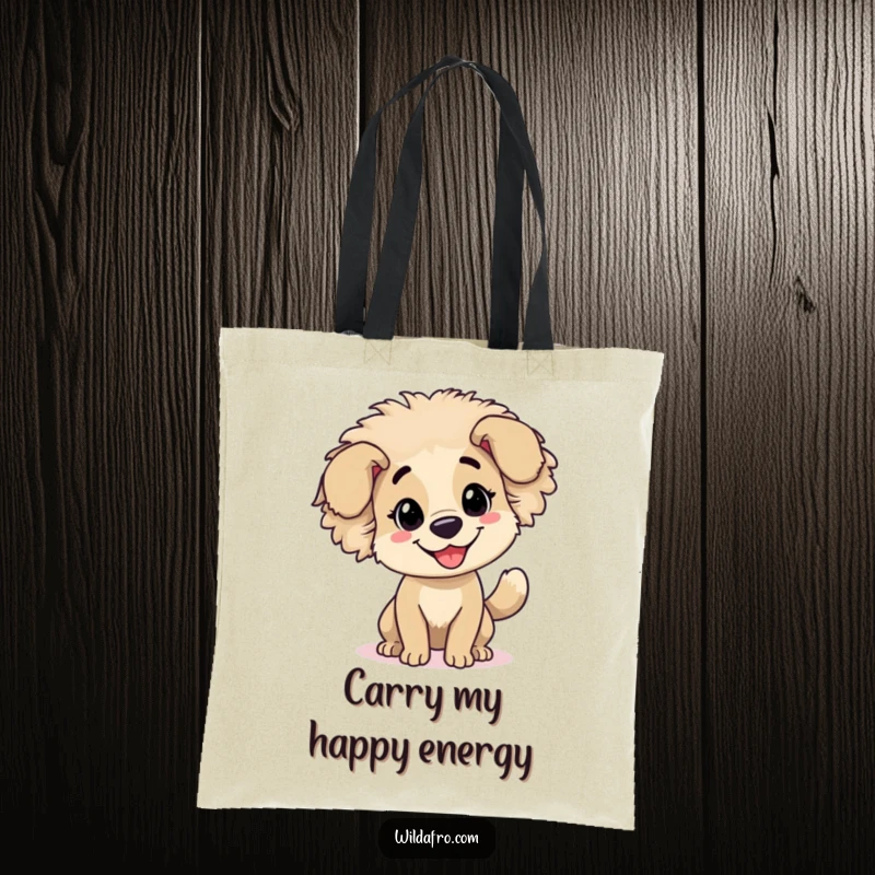 Funny dog with a stylish afro and wagging tail featured on a durable tote bag, perfect for errands.
