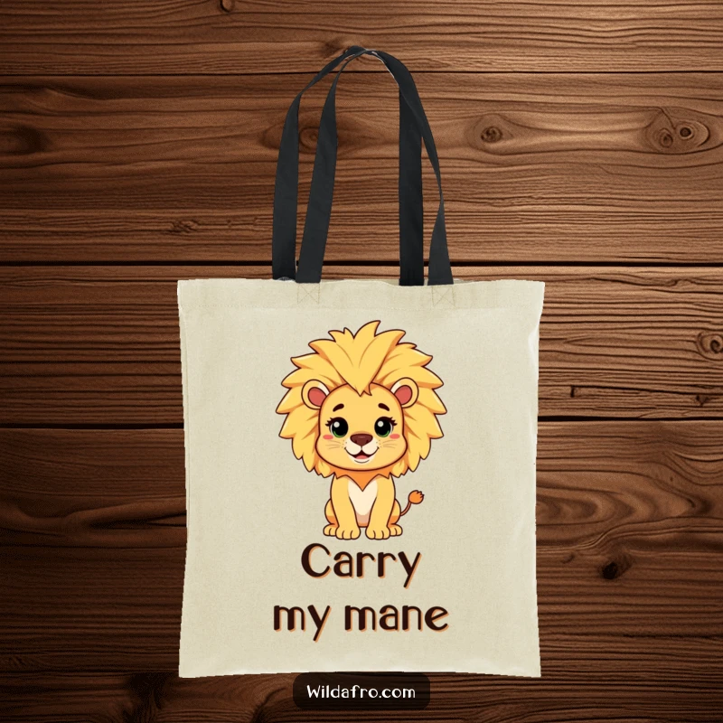 Funny tote bag with a cheerful lion character sporting a magnificent afro mane, ideal for carrying essentials with regal humor.