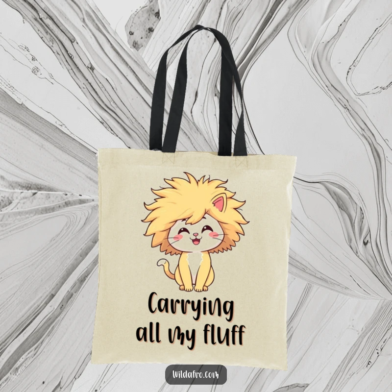 Funny cat tote bag featuring a happy character with a giant, windblown afro, looking majestic and amusing. A fun accessory for errands.