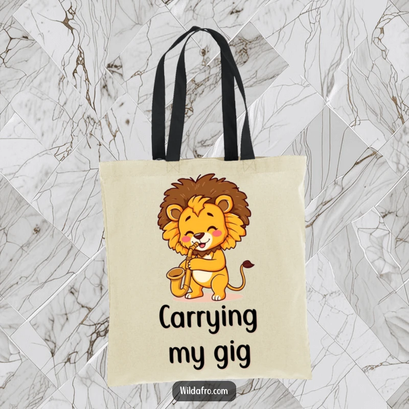 Funny Lion Saxophone Afro Tote Bag featuring a cheerful lion with a large afro playing a saxophone, a stylish and humorous accessory.