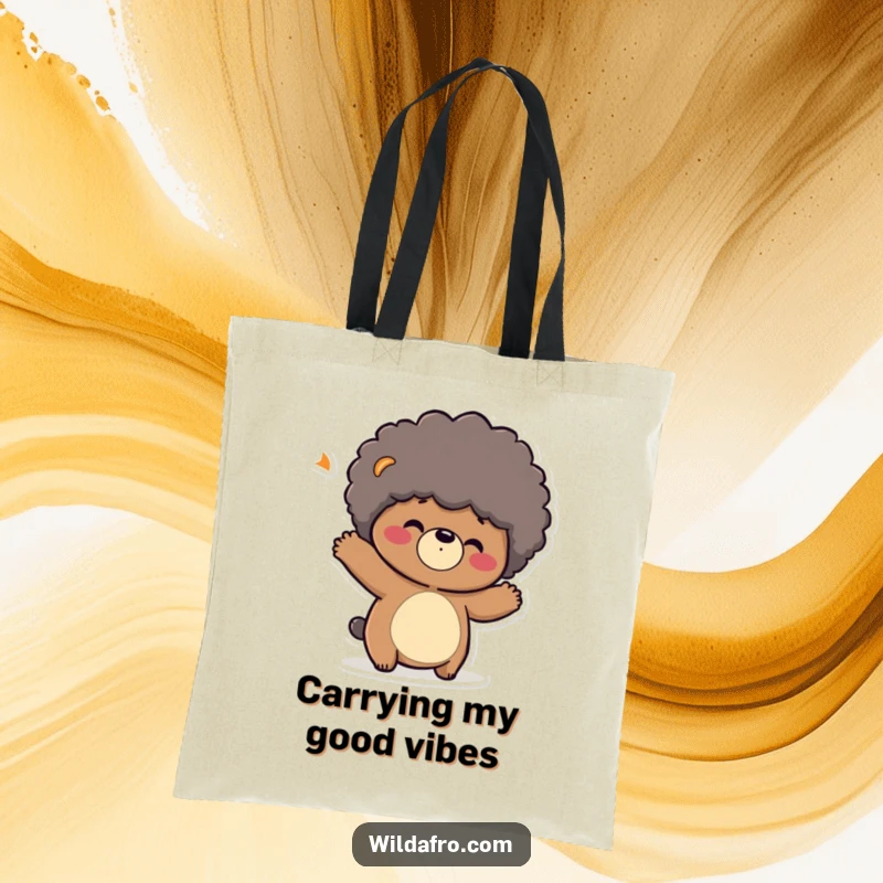 Funny tote bag featuring a playful bear character shaking its head, its afro bouncing dynamically. Perfect funny gift.