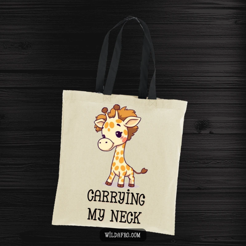 Funny Giraffe Afro Tail Tote Bag showcasing a giggling giraffe swinging a fluffy afro as its tail, a humorous and practical accessory.