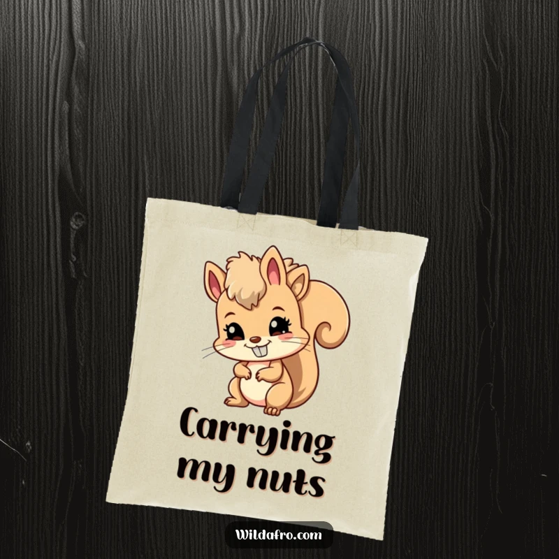 Funny tote bag displaying a mischievous squirrel proudly shaking its afro with a wide, delighted grin, perfect for daily errands.