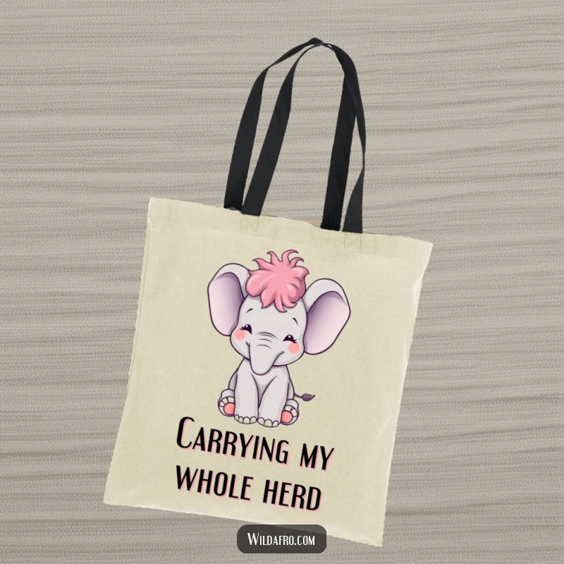 Funny baby elephant with a small afro happily trumpeting, printed on a practical and humorous tote bag.