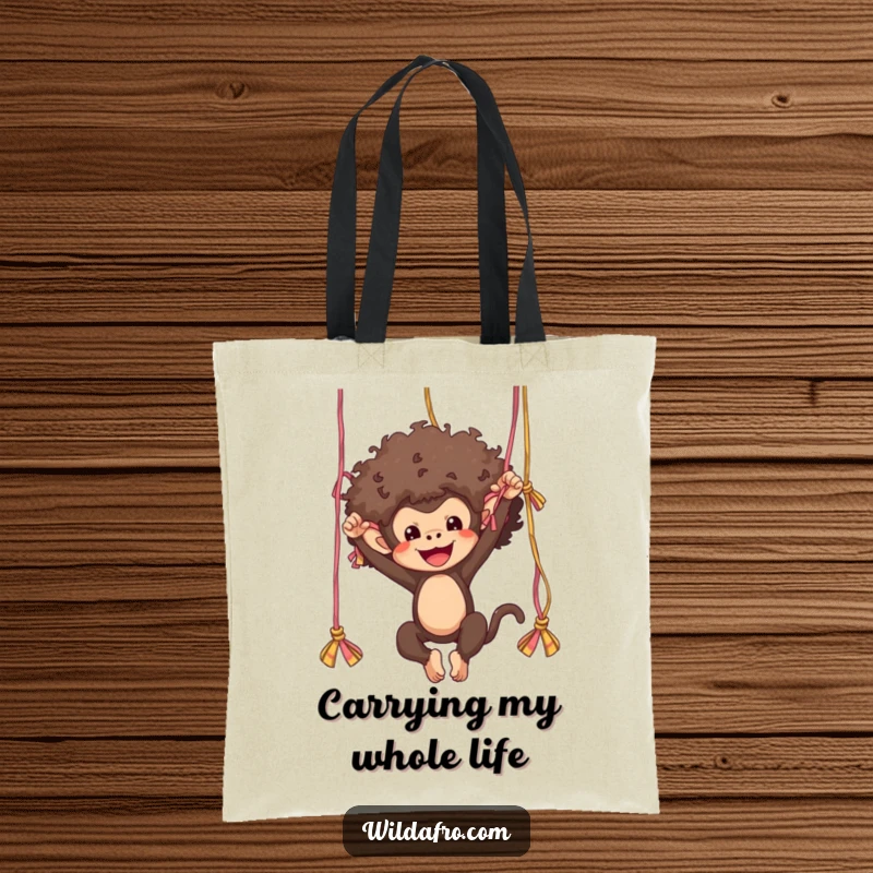 Funny monkey with a large afro, captured mid-swing from yarn strands, on a practical yet humorous tote bag.