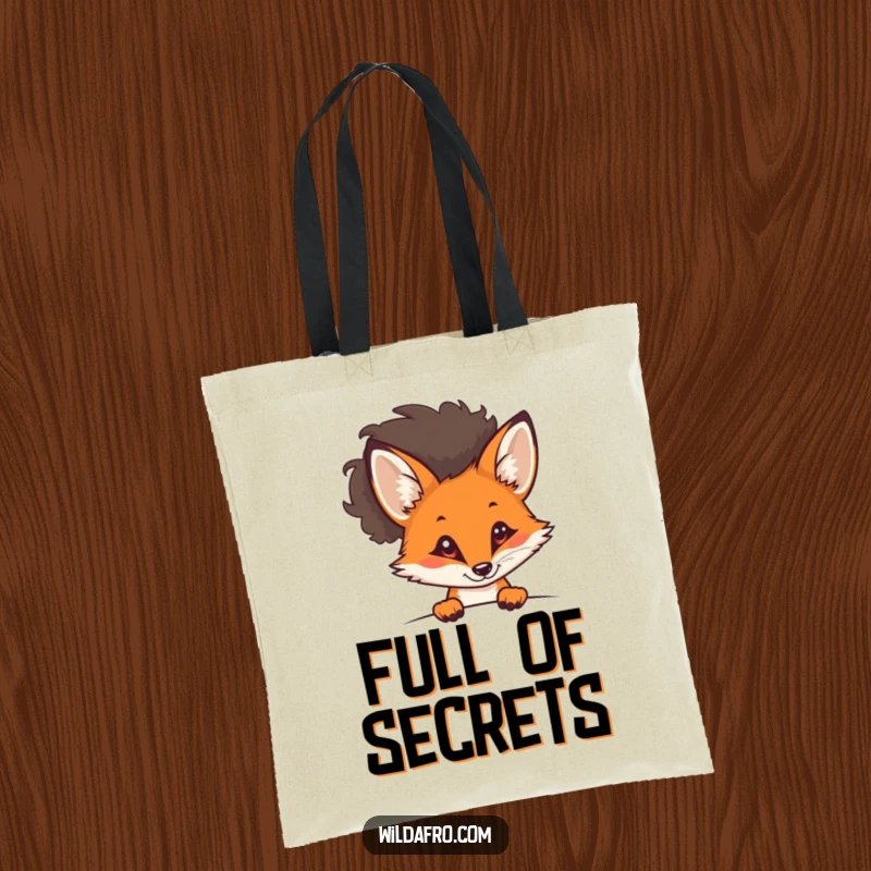 Funny curious fox with a stylish afro peeking out from a tote bag, embodying slyness and cool fashion, a practical funny gift.