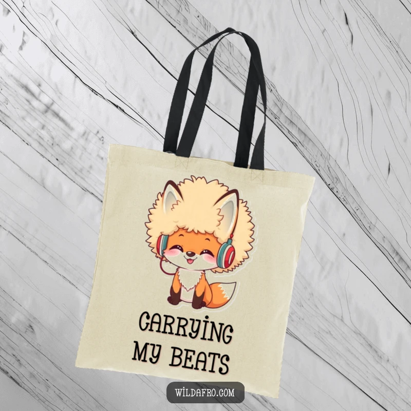 Funny Afro Fox DJ Tote Bag showing a cheerful fox with a voluminous afro and tiny headphones, great for carrying music or daily items.
