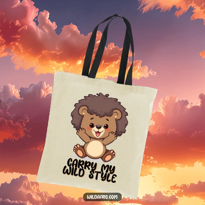 Funny bear cub with a striking wild afro on a durable tote bag, ready for shopping and adventures.