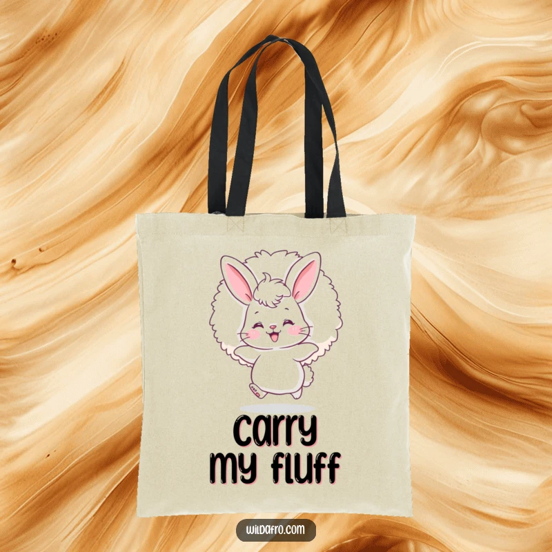 Funny bunny afro tote bag featuring a fluffy bunny with rosy cheeks joyfully bouncing with a giant afro puff.